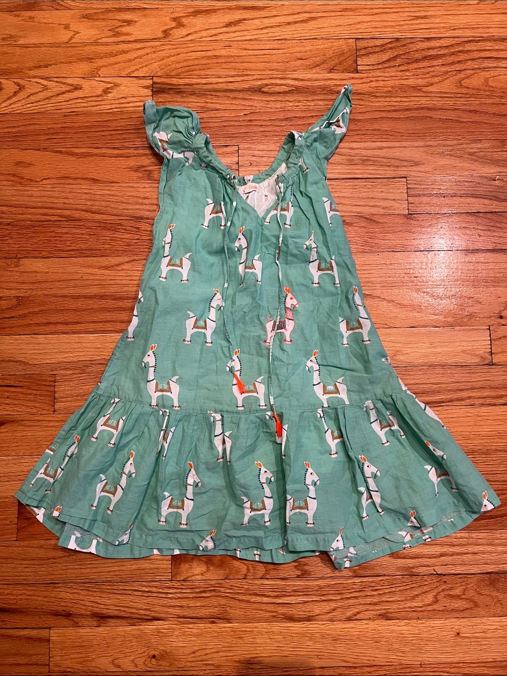 Mint Llama Pattern 100% Cotton Flounce Dress with Tassles and Embroidery